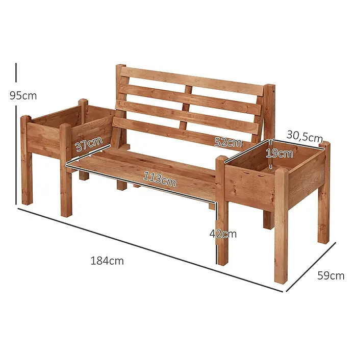 Outsunny Gartenbank - Tannenholz, Braun - Natürliche Holzbank mit zwei integrierten Pflanzkästen für Garten oder Terrasse.