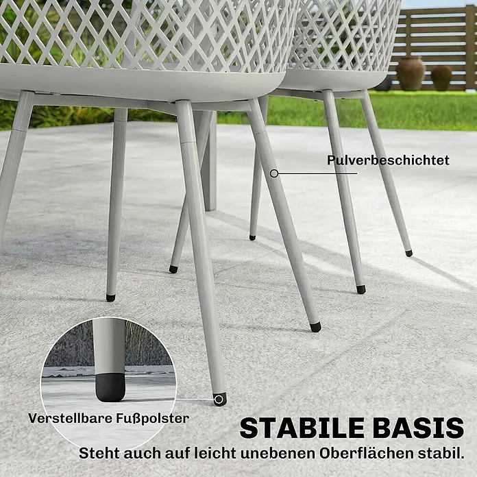 Outsunny Gartenstuhl-Set - 4 Stk., Metall, Kunststoff, Hellgrau - Hellgraue Outdoor-Stühle mit gemusterten Rückenlehnen, pulverbeschichteten Beinen und verstellbaren Füßen für Stabilität.