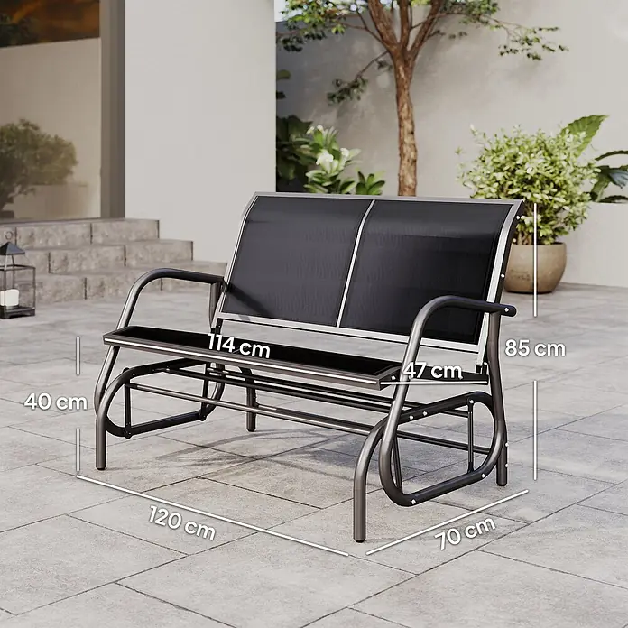 Outsunny Gartenbank Schaukelbank, Schwarz, 120cm x 70cm x 85cm - Metall, Netzstoff, Schwarz - Dunkelgraue Zweisitzer-Metall-Schaukelbank mit schwarzen Netzsitzen für den Außenbereich.