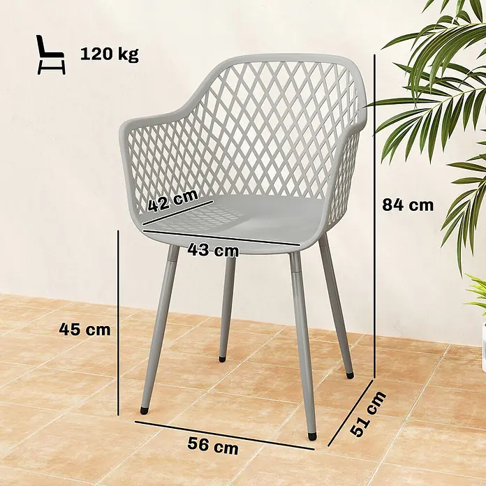 Outsunny Gartenstuhl-Set - 4 Stk., Metall, Kunststoff, Hellgrau - Grauer Kunststoffstuhl mit Rautenlehne und Armlehnen, Maße wie 84 cm Gesamthöhe und 120 kg max. Belastung sind angezeigt.