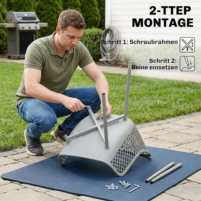 Outsunny Gartenstuhl-Set - 4 Stk., Metall, Kunststoff, Hellgrau - Mann montiert einen grauen Kunststoffstuhl mit Metallbeinen im Freien und demonstriert die einfache 2-Schritte-Montage.