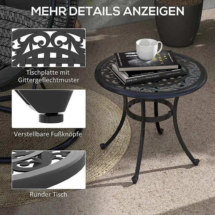 Outsunny Garten-Beistelltisch rund - Aluminiumguss, Schwarz - Runder Outdoor-Beistelltisch aus dunklem Metall mit gemusterter Tischplatte und verstellbaren Füßen auf einer Terrasse.