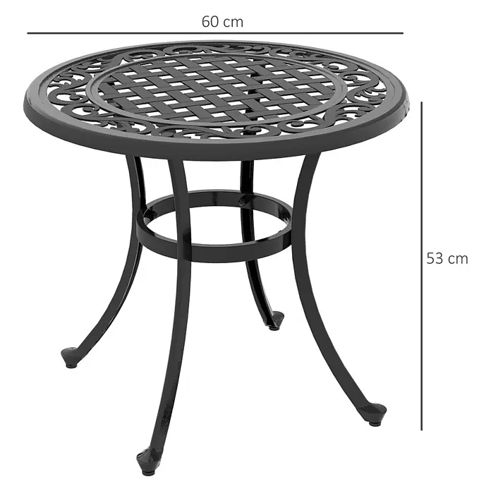 Outsunny Garten-Beistelltisch rund - Aluminiumguss, Schwarz - Runder Gartentisch aus schwarzem Metall mit dekorativer Platte und gebogenen Beinen, 60 cm Durchmesser, 53 cm hoch.