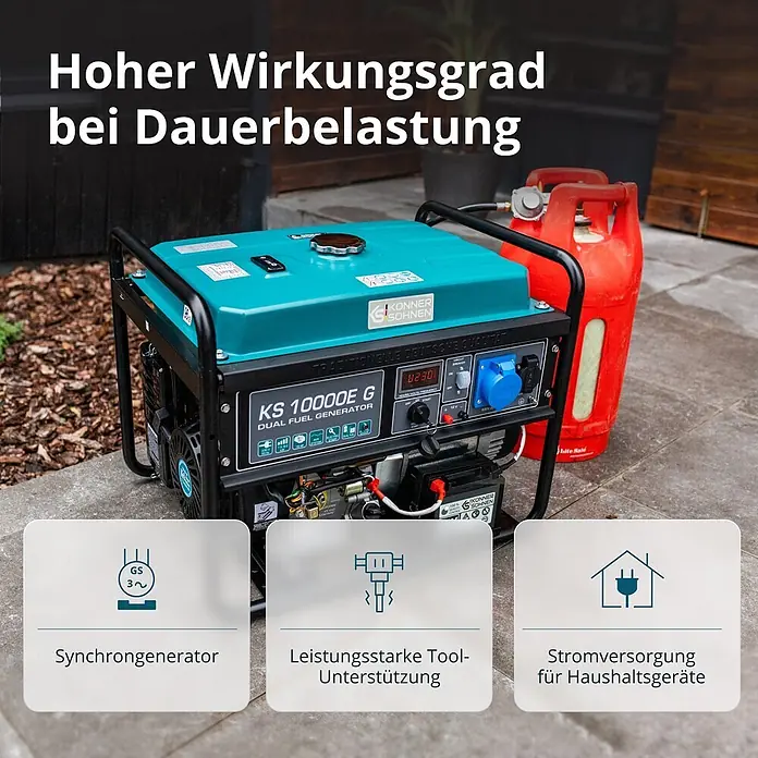 Stürmer Maschinen Stromerzeuger KS10000E G 7,5 kW Benzin/Gas - Nennleistung: 7,5 kW, Tankvolumen: 25 l, Verbrauch: 3,8 l/h - Türkis-schwarzer Dual-Fuel-Generator (KS 10000E G) mit rotem Gastank, draußen auf einer Terrasse, bereit zur Stromversorgung.
