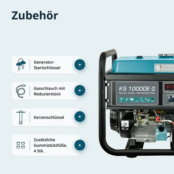 Stürmer Maschinen Stromerzeuger KS10000E G 7,5 kW Benzin/Gas - Nennleistung: 7,5 kW, Tankvolumen: 25 l, Verbrauch: 3,8 l/h - Blau-schwarzer Dual-Fuel-Generator mit Zubehör: Schlüssel, Gasschlauch, Kerzenschlüssel und Gummifüße.