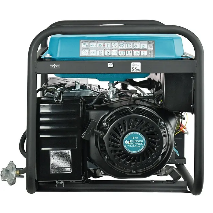 Stürmer Maschinen Stromerzeuger KS10000E G 7,5 kW Benzin/Gas - Nennleistung: 7,5 kW, Tankvolumen: 25 l, Verbrauch: 3,8 l/h - Tragbarer schwarz-türkiser Dual-Fuel-Generator mit Motordetails und Anweisungen auf dem Kraftstofftank.