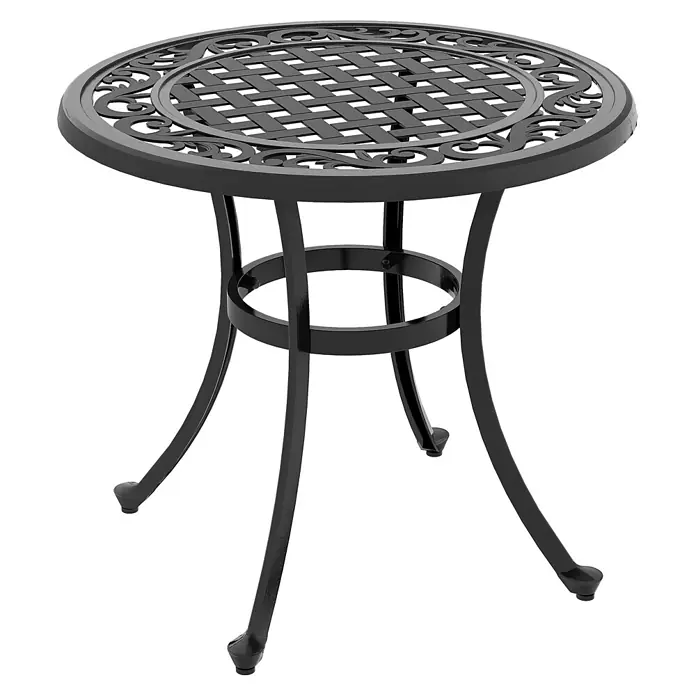 Outsunny Garten-Beistelltisch rund - Aluminiumguss, Schwarz - Runder, schwarzer Gartentisch aus Gusseisen mit verschnörkelter Kante und geflochtener Tischplatte.