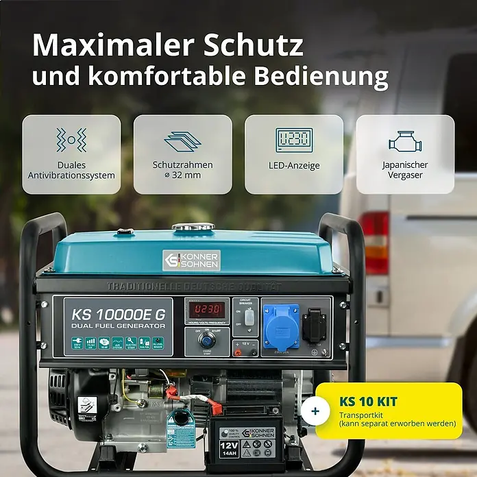 Stürmer Maschinen Stromerzeuger KS10000E G 7,5 kW Benzin/Gas - Nennleistung: 7,5 kW, Tankvolumen: 25 l, Verbrauch: 3,8 l/h - Ein blau-schwarzer Konner & Sohnen KS 10000E G Dual-Fuel-Generator mit Bedienfeld, Anzeigen und Steckdosen.
