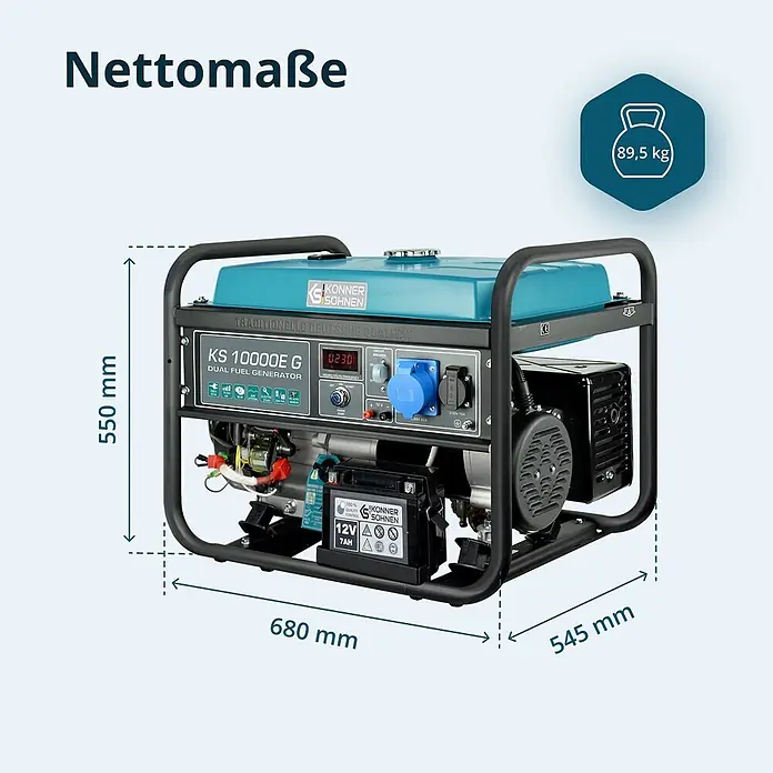 Stürmer Maschinen Stromerzeuger KS10000E G 7,5 kW Benzin/Gas - Nennleistung: 7,5 kW, Tankvolumen: 25 l, Verbrauch: 3,8 l/h - Blau-schwarzer Könner & Söhnen KS 10000E G Dual-Fuel-Generator, 550x680x545 mm, 89,5 kg.