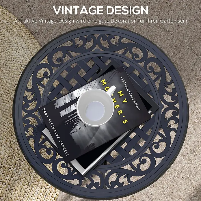 Outsunny Garten-Beistelltisch rund - Aluminiumguss, Schwarz - Ein runder, dunkler Metall-Gartentisch mit ornamentalem Vintage-Design. Ideal für Garten oder Terrasse.