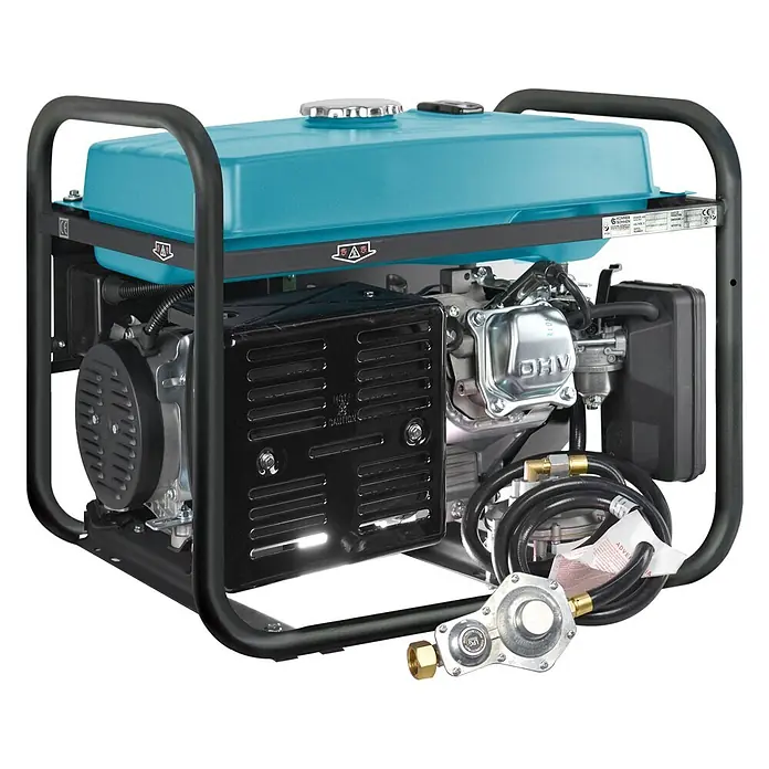Stürmer Maschinen Stromerzeuger KS10000E G 7,5 kW Benzin/Gas - Nennleistung: 7,5 kW, Tankvolumen: 25 l, Verbrauch: 3,8 l/h - Tragbarer Generator mit türkisfarbenem Kraftstofftank, schwarzem Rahmen und silbernem Motor, mit Gasregler und Schlauch.