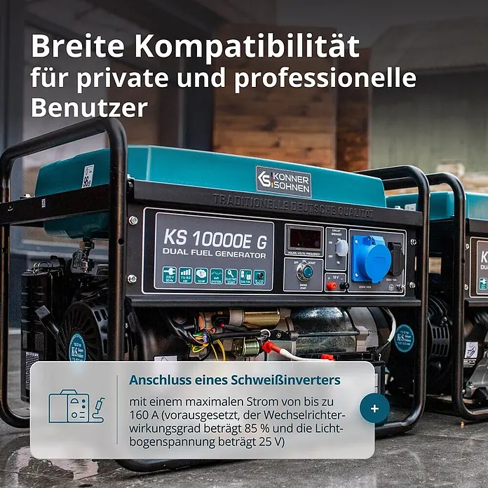 Stürmer Maschinen Stromerzeuger KS10000E G 7,5 kW Benzin/Gas - Nennleistung: 7,5 kW, Tankvolumen: 25 l, Verbrauch: 3,8 l/h - Ein türkisfarben-schwarzer Könner & Söhnen KS 10000E G Dual-Fuel-Generator mit Bedienfeld, kompatibel mit Schweißinvertern.