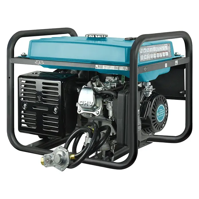 Stürmer Maschinen Stromerzeuger KS10000E G 7,5 kW Benzin/Gas - Nennleistung: 7,5 kW, Tankvolumen: 25 l, Verbrauch: 3,8 l/h - Tragbarer Stromerzeuger mit schwarzem Rahmen, türkisfarbenem Tank und LPG-Gasregler.