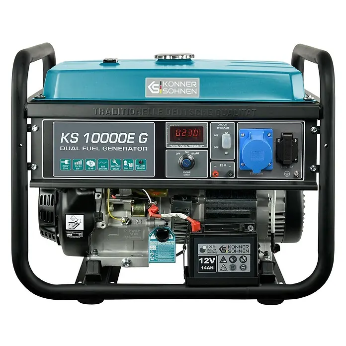 Stürmer Maschinen Stromerzeuger KS10000E G 7,5 kW Benzin/Gas - Nennleistung: 7,5 kW, Tankvolumen: 25 l, Verbrauch: 3,8 l/h - Könner & Söhnen KS 10000E G Dual-Fuel-Generator mit türkisfarbenem Tank, schwarzem Rahmen und Bedienfeld mit Steckdosen und Digitalanzeige.