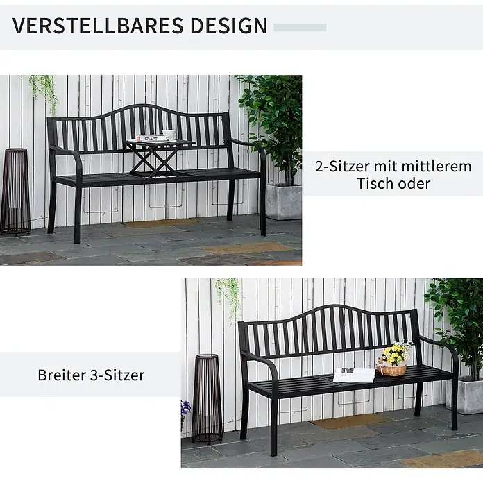 Outsunny Gartenbank - B x T x H: 58,5 x 58,5 x 90 cm, Metall, Schwarz, Ausziehbar - Schwarze Metallgartenbank, verstellbar als 2-Sitzer mit Tisch oder breiter 3-Sitzer.