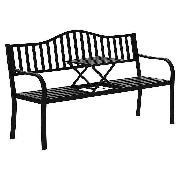 Outsunny Gartenbank - B x T x H: 58,5 x 58,5 x 90 cm, Metall, Schwarz, Ausziehbar - Schwarze Metall-Gartenbank mit herunterklappbarem Mitteltisch.