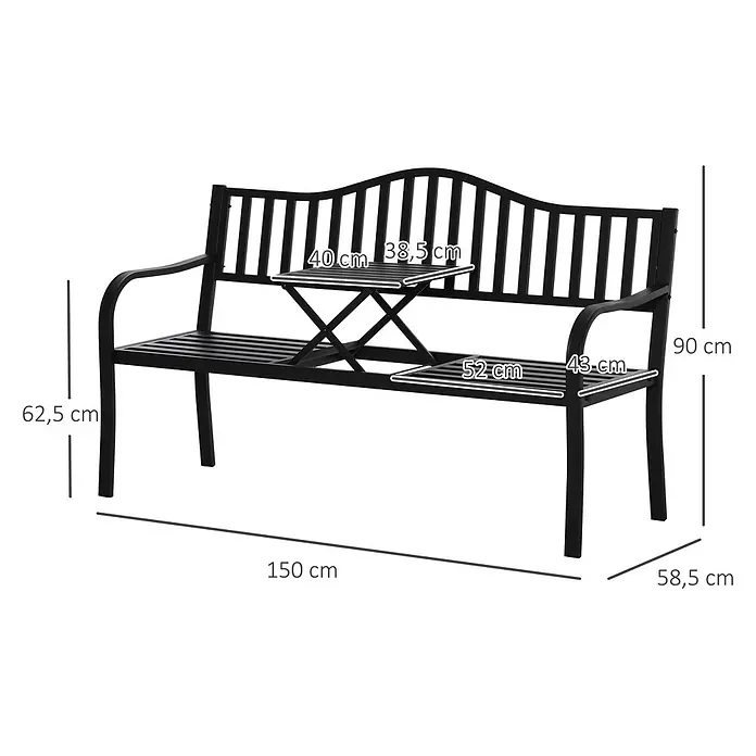 Outsunny Gartenbank - B x T x H: 58,5 x 58,5 x 90 cm, Metall, Schwarz, Ausziehbar - Schwarze Metallgartenbank mit klappbarem Mitteltisch und Maßen.