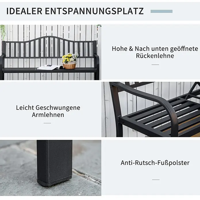 Outsunny Gartenbank - B x T x H: 58,5 x 58,5 x 90 cm, Metall, Schwarz, Ausziehbar - Schwarze Metallgartenbank mit hoher, geschwungener Rückenlehne, leicht geschwungenen Armlehnen und Anti-Rutsch-Fußpolstern.