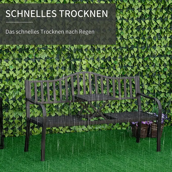 Outsunny Gartenbank - B x T x H: 58,5 x 58,5 x 90 cm, Metall, Schwarz, Ausziehbar - Dunkelbraune Metall-Gartenbank mit ausklappbarem Tisch, im Regen für schnelles Trocknen gezeigt.