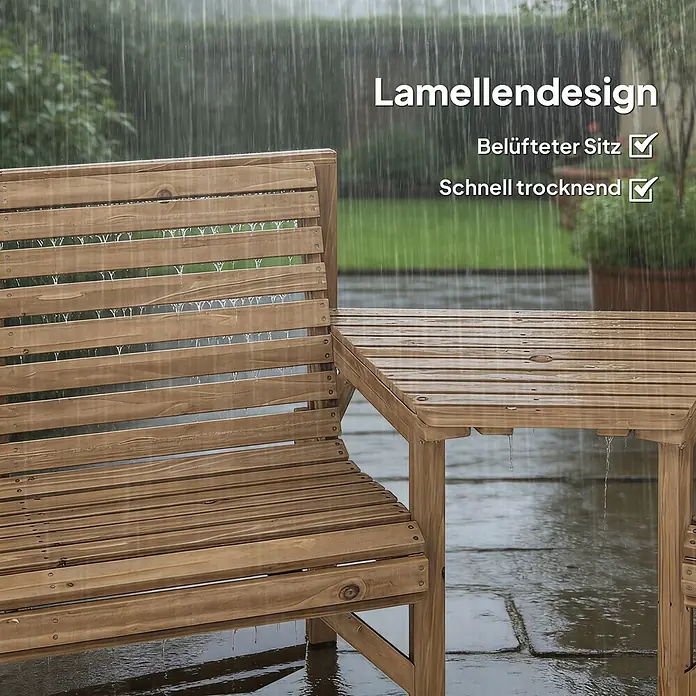 Outsunny Gartenbank Naturholz, 121cm x 65cm x 90cm - Tannenholz, Naturholz - Hölzerne Gartenbank mit integriertem Tisch im Regen, lamelliertes Design, belüftet und schnell trocknend.
