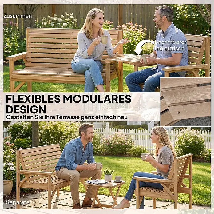 Outsunny Gartenbank Naturholz, 121cm x 65cm x 90cm - Tannenholz, Naturholz - Modulare Holz-Gartenmöbel: Bank mit integriertem Tisch oder zwei Stühle mit Beistelltisch.