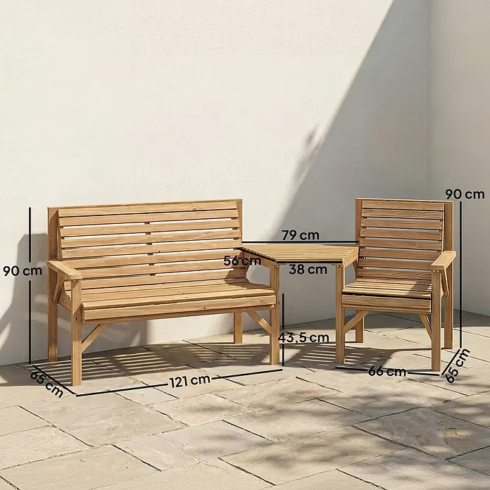 Outsunny Gartenbank Naturholz, 121cm x 65cm x 90cm - Tannenholz, Naturholz - Gartenmöbel-Set aus Naturholz: Bank mit integriertem Tisch und passender Stuhl, Maße sind gezeigt.