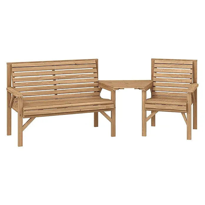 Outsunny Gartenbank Naturholz, 121cm x 65cm x 90cm - Tannenholz, Naturholz - Hellbraune Gartenbankgarnitur aus Holz mit integriertem Mitteltisch, bestehend aus einer Zweisitzerbank und einem Einzelstuhl.