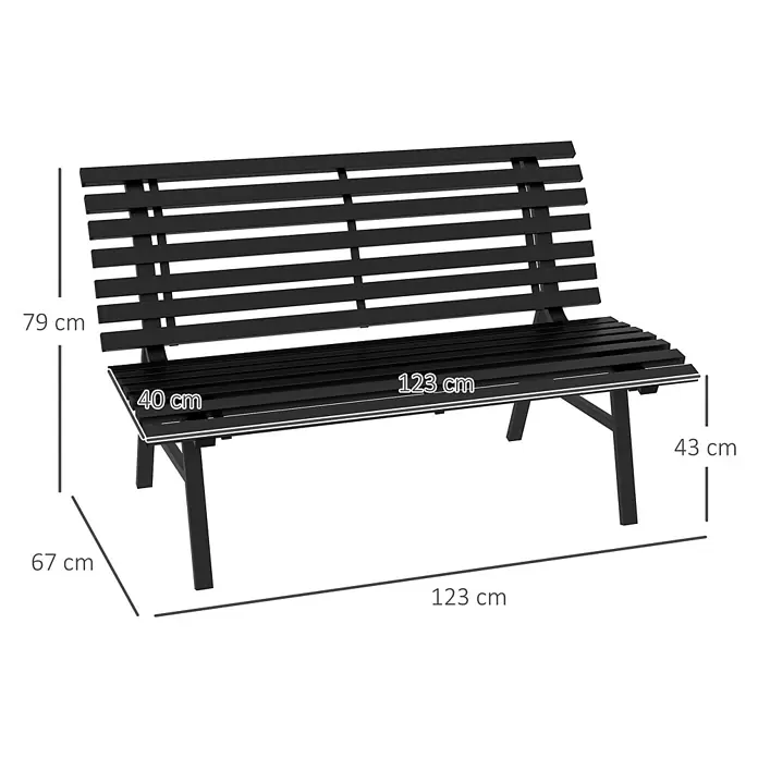 Outsunny Gartenbank - Aluminium, Schwarz - Schwarze Latten-Gartenbank mit angezeigten Maßen.
