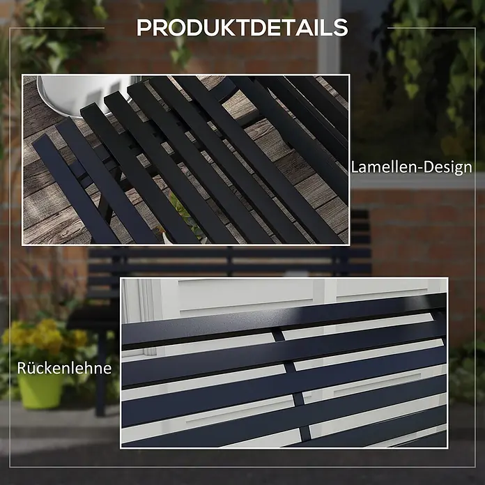 Outsunny Gartenbank - Aluminium, Schwarz - Details einer schwarzen Gartenbank aus Metall mit Lattenrost: Sitzfläche und Rückenlehne.