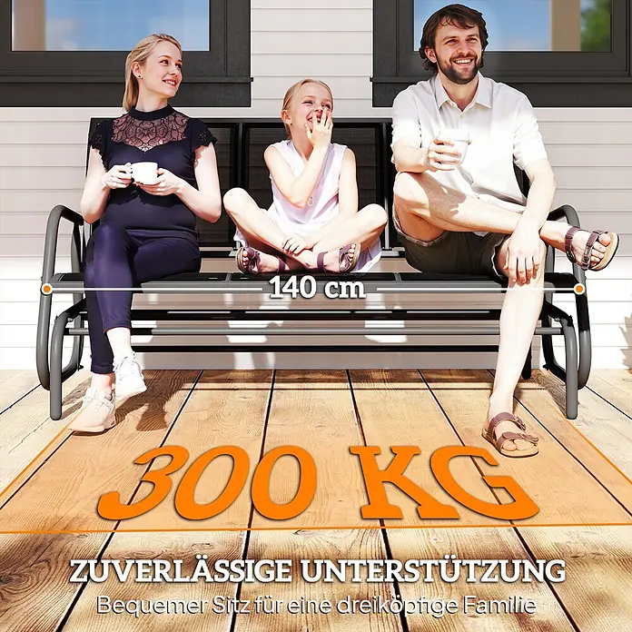 Outsunny Gartenbank Schaukelbank, Schwarz, 147cm x 70cm x 85cm - Metall, Netzstoff, Schwarz - Dunkelgraue Gartenbank für drei Personen auf Holzterrasse. 140 cm breit, trägt bis zu 300 kg.