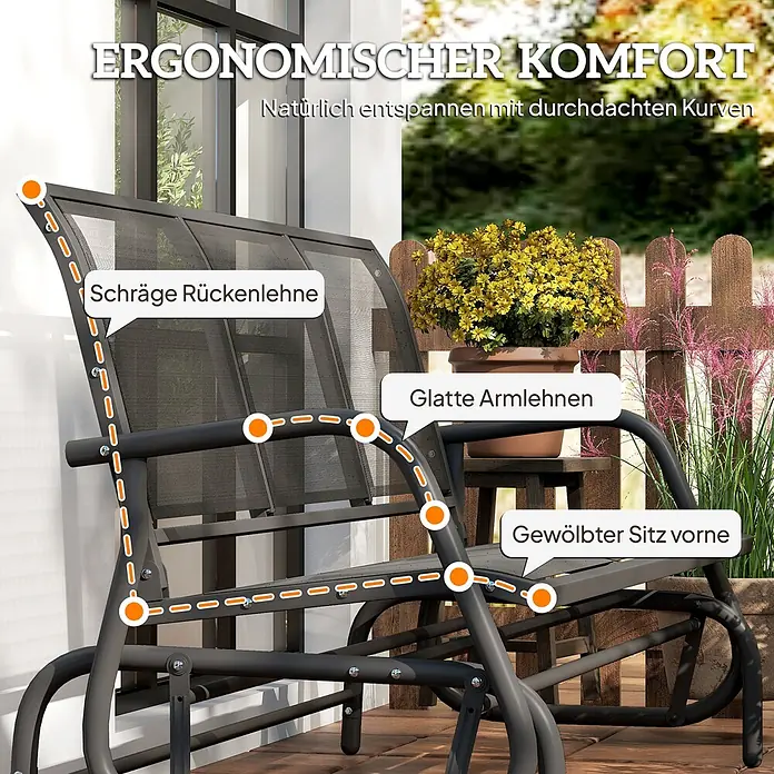 Outsunny Gartenbank Schaukelbank, Schwarz, 147cm x 70cm x 85cm - Metall, Netzstoff, Schwarz - Dunkelgrauer Outdoor-Schaukelstuhl aus Netzstoff, ergonomisch geformt mit schräger Rückenlehne, glatten Armlehnen und gewölbtem Sitz vorne.