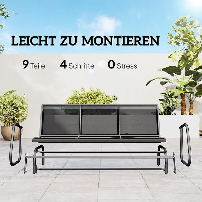 Outsunny Gartenbank Schaukelbank, Schwarz, 147cm x 70cm x 85cm - Metall, Netzstoff, Schwarz - Schwarze modulare Outdoor-Bank, zerlegt für einfache 4-Schritte-Montage (9 Teile, 0 Stress).