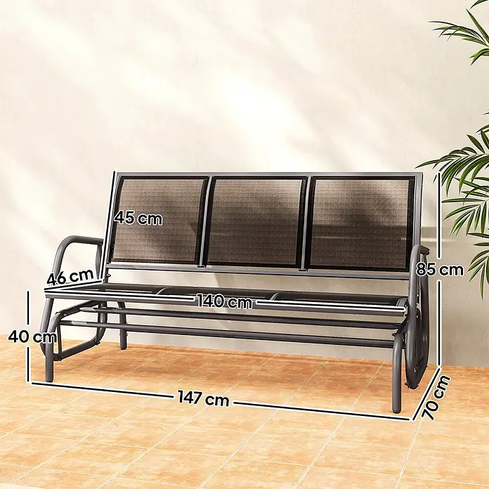 Outsunny Gartenbank Schaukelbank, Schwarz, 147cm x 70cm x 85cm - Metall, Netzstoff, Schwarz - Dunkelgraue Metall-3-Sitzer-Gartenwippbank mit Netzgewebe, 147 cm breit, 85 cm hoch, 70 cm tief.