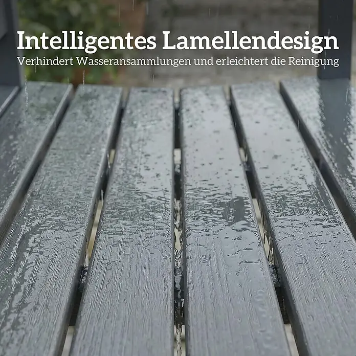 Outsunny Gartenbank - HDPE, Grau - Graue Lamellenoberfläche mit Wasserabfluss, die das intelligente Design für leichte Reinigung und gegen Wasseransammlungen zeigt.