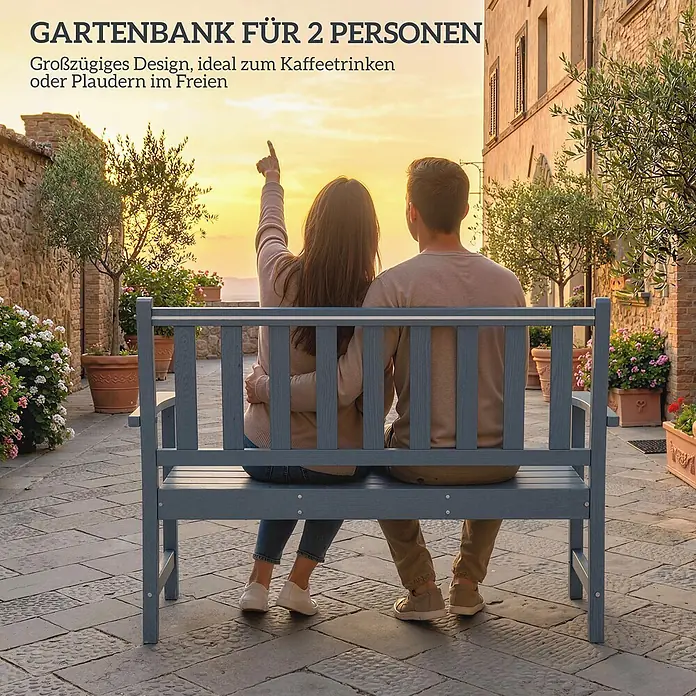 Outsunny Gartenbank - HDPE, Grau - Graue Gartenbank für zwei Personen, von hinten gezeigt, während ein Paar die Aussicht im Freien genießt.