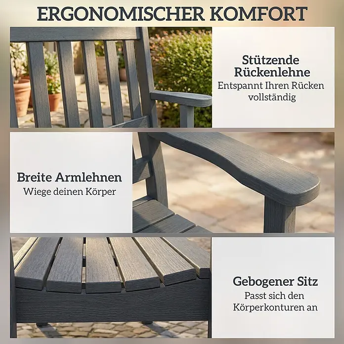 Outsunny Gartenbank - HDPE, Grau - Grauer ergonomischer Outdoor-Stuhl mit stützender Rückenlehne, breiten Armlehnen und gebogenem Sitz für Komfort.