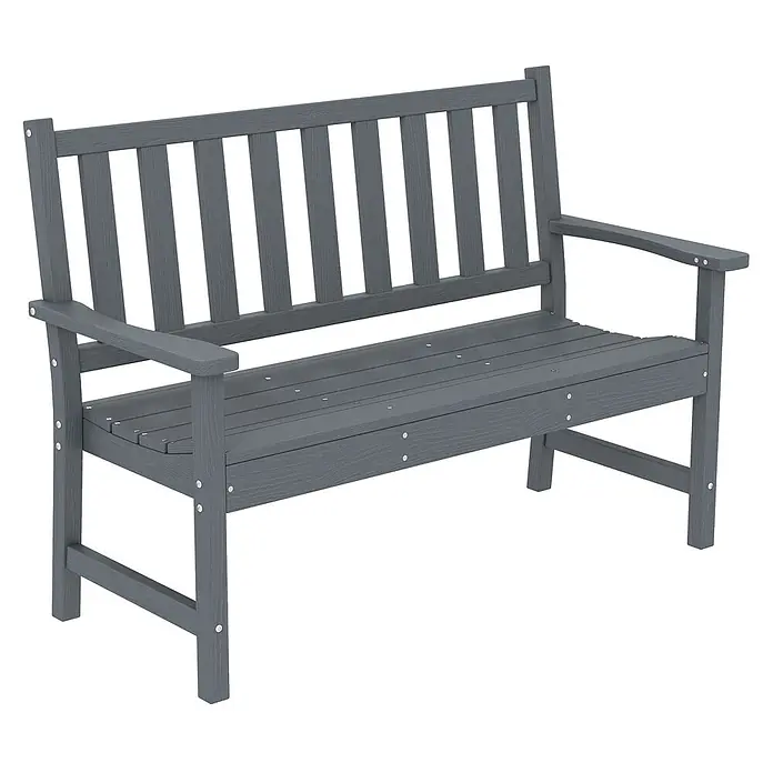 Outsunny Gartenbank - HDPE, Grau - Eine stabile graue Gartenbank für draußen mit Lattenrückenlehne, Sitzfläche und Armlehnen, mit Holzoptik.