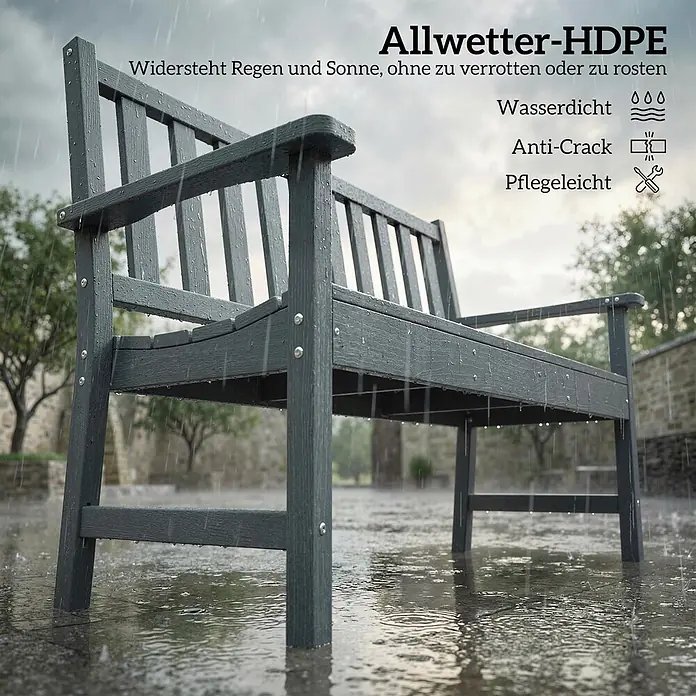Outsunny Gartenbank - HDPE, Grau - Dunkelgraue Allwetter-HDPE-Gartenbank im Regen, wasserdicht und pflegeleicht.