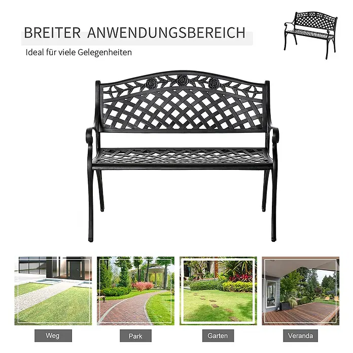 Outsunny Gartenbank - Aluminium, Schwarz - Schwarze Gartenbank aus Metall mit dekorativer Gitterlehne und Rosenmotiven für den Außenbereich.