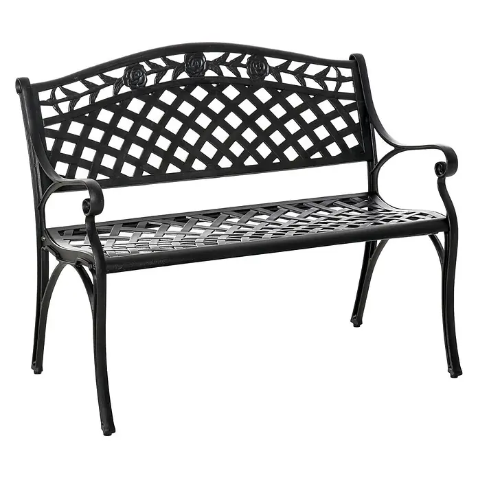 Outsunny Gartenbank - Aluminium, Schwarz - Schwarze Gartenbank aus Metall mit Gitterlehne und Sitzfläche, verziert mit Rosenmotiven.