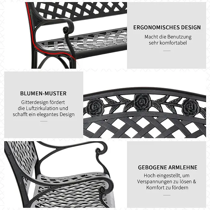 Outsunny Gartenbank - Aluminium, Schwarz - Schwarze Metall-Gartenbank mit ergonomischem Gitterdesign, Rosenmuster und gebogenen Armlehnen für hohen Sitzkomfort.
