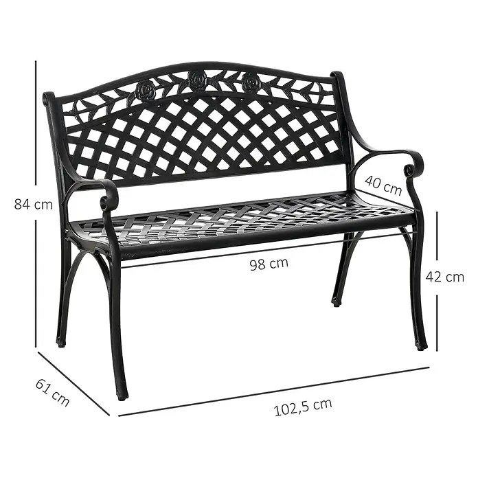 Outsunny Gartenbank - Aluminium, Schwarz - Schwarze Metallgartenbank mit ornamentalem Gitterrückenteil und Rosenmotiven. Maße: 102,5L x 61T x 84H cm.
