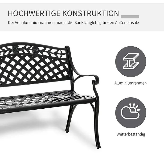 Outsunny Gartenbank - Aluminium, Schwarz - Schwarze Gartenbank aus Aluminium mit dekorativem Gitterdesign, langlebig und wetterbeständig für den Außenbereich.