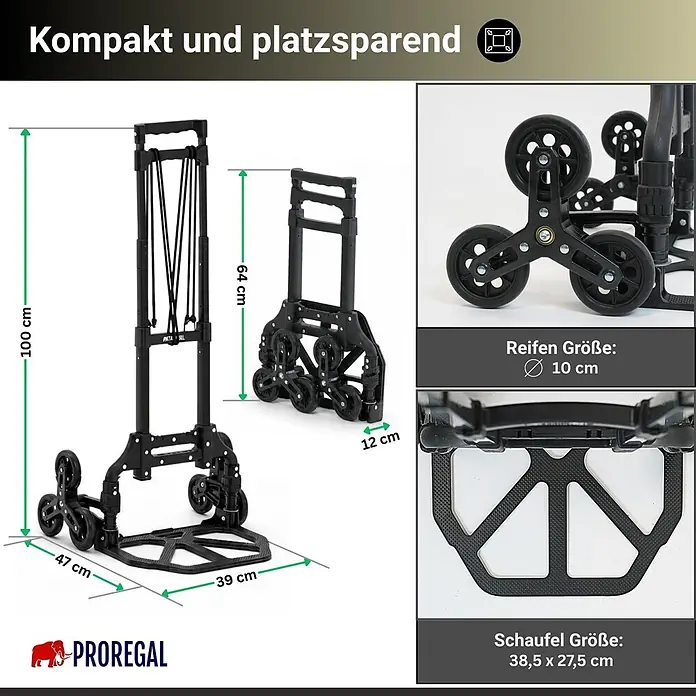 Proregal Treppen-Sackkarre ELEPHANT 80 aus Aluminium mit klappbarer Schaufel & Vollgummibereifung - Aluminium, Traglast: 80 kg - Ein schwarzer, klappbarer Treppensteiger-Sackkarre mit Dreiradsystem. Abmessungen im aus- und eingeklappten Zustand sind dargestellt.