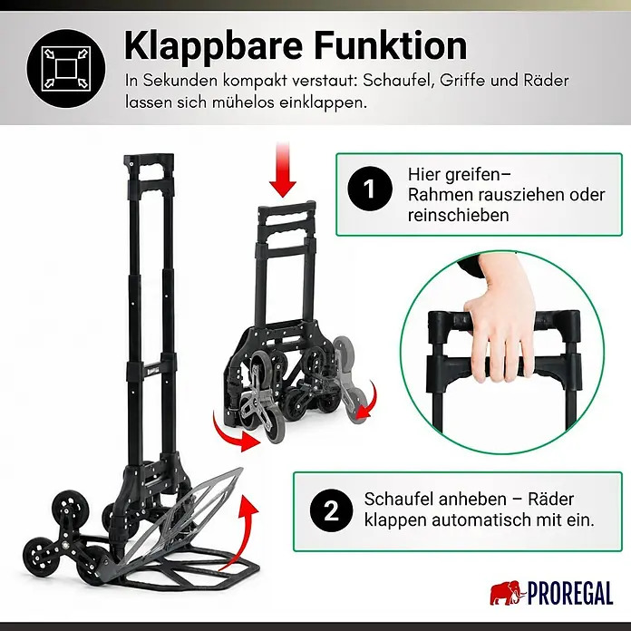 Proregal Treppen-Sackkarre ELEPHANT 80 aus Aluminium mit klappbarer Schaufel & Vollgummibereifung - Aluminium, Traglast: 80 kg - Schwarzer faltbarer Sackkarren, der sich kompakt zusammenklappt, indem Griffe und Ladeschaufel mit automatischen Rädern zusammengefaltet werden.