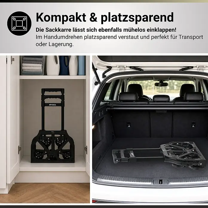 Proregal Treppen-Sackkarre ELEPHANT 80 aus Aluminium mit klappbarer Schaufel & Vollgummibereifung - Aluminium, Traglast: 80 kg - Schwarze klappbare Sackkarre, kompakt in Schrank und Kofferraum verstaut.