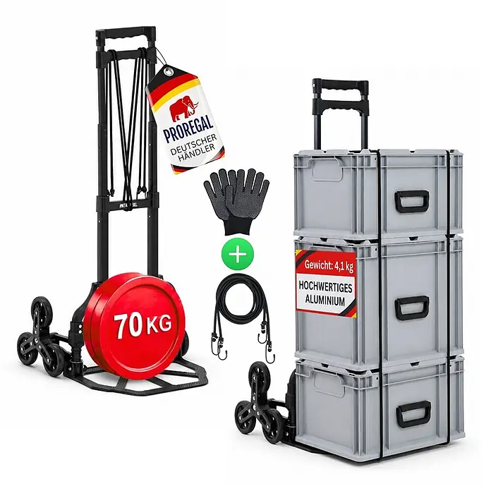 Proregal Treppen-Sackkarre ELEPHANT 70 aus Aluminium mit klappbarer Schaufel & Vollgummibereifung - Aluminium, Traglast: 70 kg - Schwarze Treppenkarre mit Dreirädern, gezeigt mit 70kg Gewicht, gestapelten Kisten, Schutzhandschuhen und Spanngurten.
