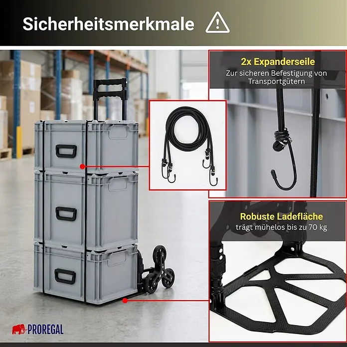 Proregal Treppen-Sackkarre ELEPHANT 80 aus Aluminium mit klappbarer Schaufel & Vollgummibereifung - Aluminium, Traglast: 80 kg - Schwarze Sackkarre mit 3 grauen Kisten im Lager. Inkl. 2 Spanngurten. Robuste Ladefläche trägt 70 kg.