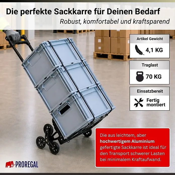Proregal Treppen-Sackkarre ELEPHANT 80 aus Aluminium mit klappbarer Schaufel & Vollgummibereifung - Aluminium, Traglast: 80 kg - Leichte Aluminium Sackkarre mit Treppensteiger-Rädern, die drei graue Kisten in einer Lagerhalle transportiert.