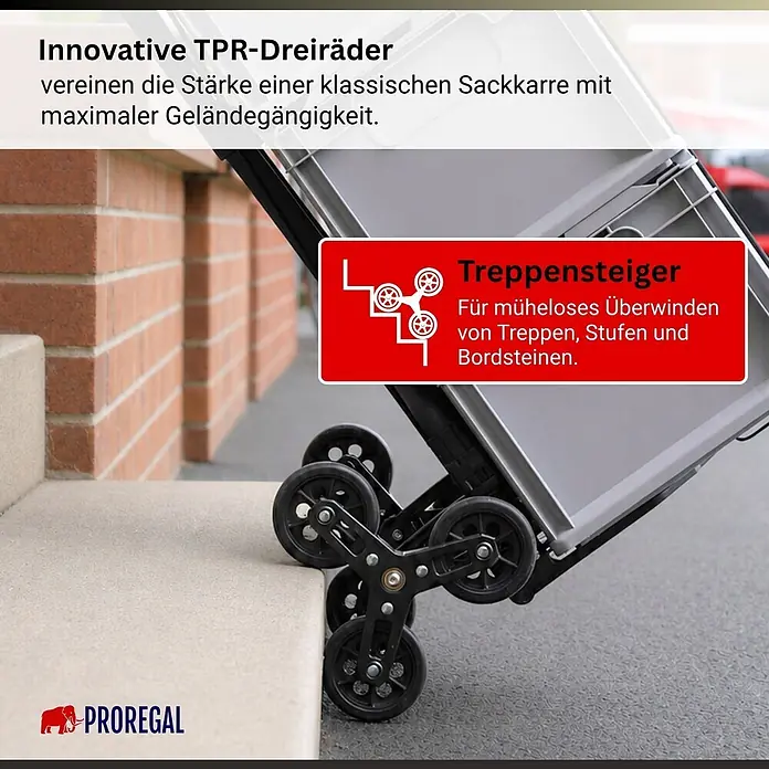 Proregal Treppen-Sackkarre ELEPHANT 80 aus Aluminium mit klappbarer Schaufel & Vollgummibereifung - Aluminium, Traglast: 80 kg - Schwarze Treppensteiger-Sackkarre mit TPR-Dreiradsystem, die eine Betontreppe hochfährt.